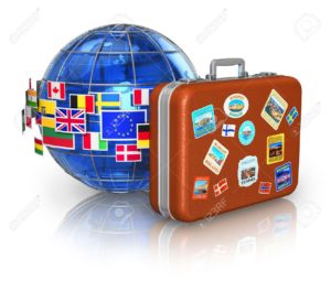 14569221-Voyage-autour-du-monde-et-le-concept-du-tourisme-de-voyage-en-cuir-de-cas-et-globe-terrestre-bleu-av-Banque-d'images